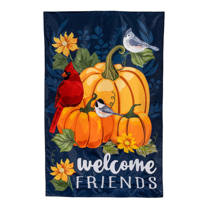 Applique house flag navy with orange pumpkin, yellow flower, vines, red cardinal and gray birds on Tampa Home & Garden Store