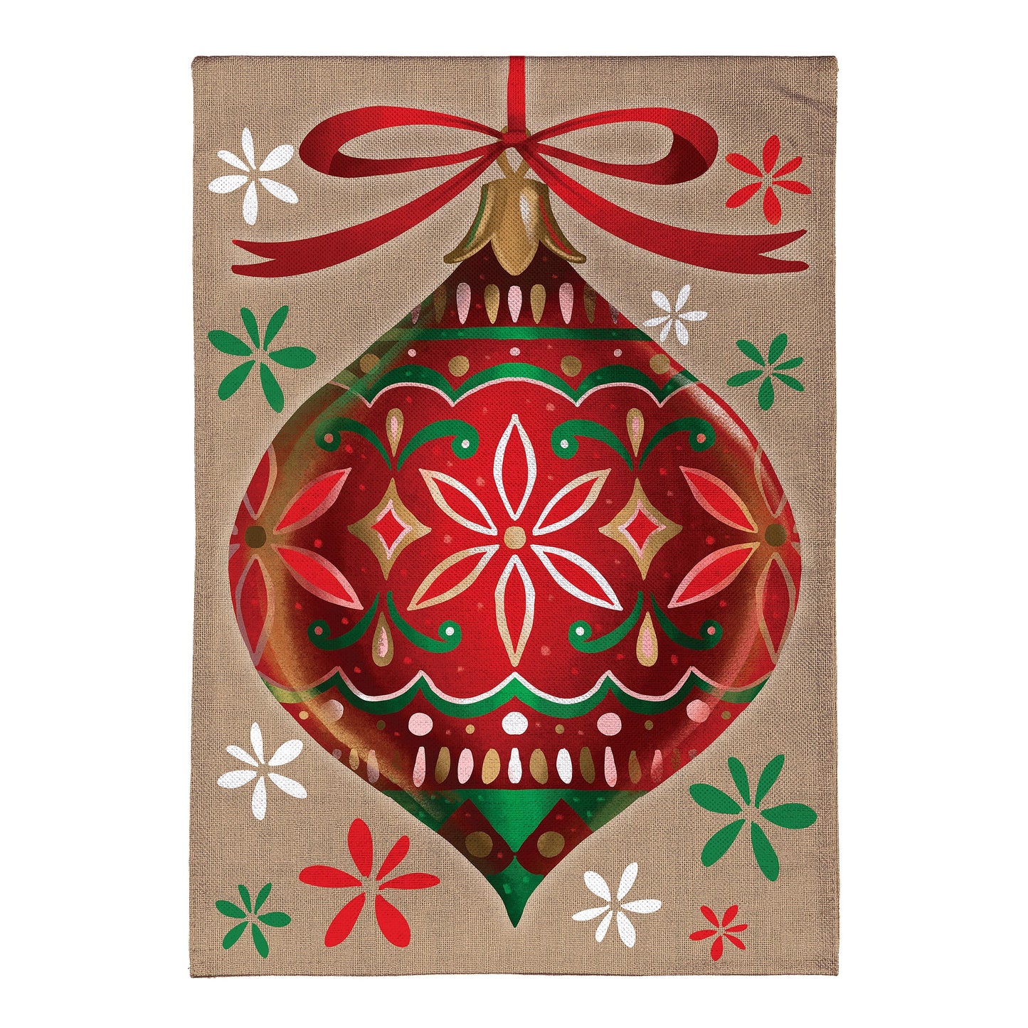 Vivid Christmas Ornament Burlap Garden Flag with red ornament and bow on burlap background on Tampa Home & Garden Store