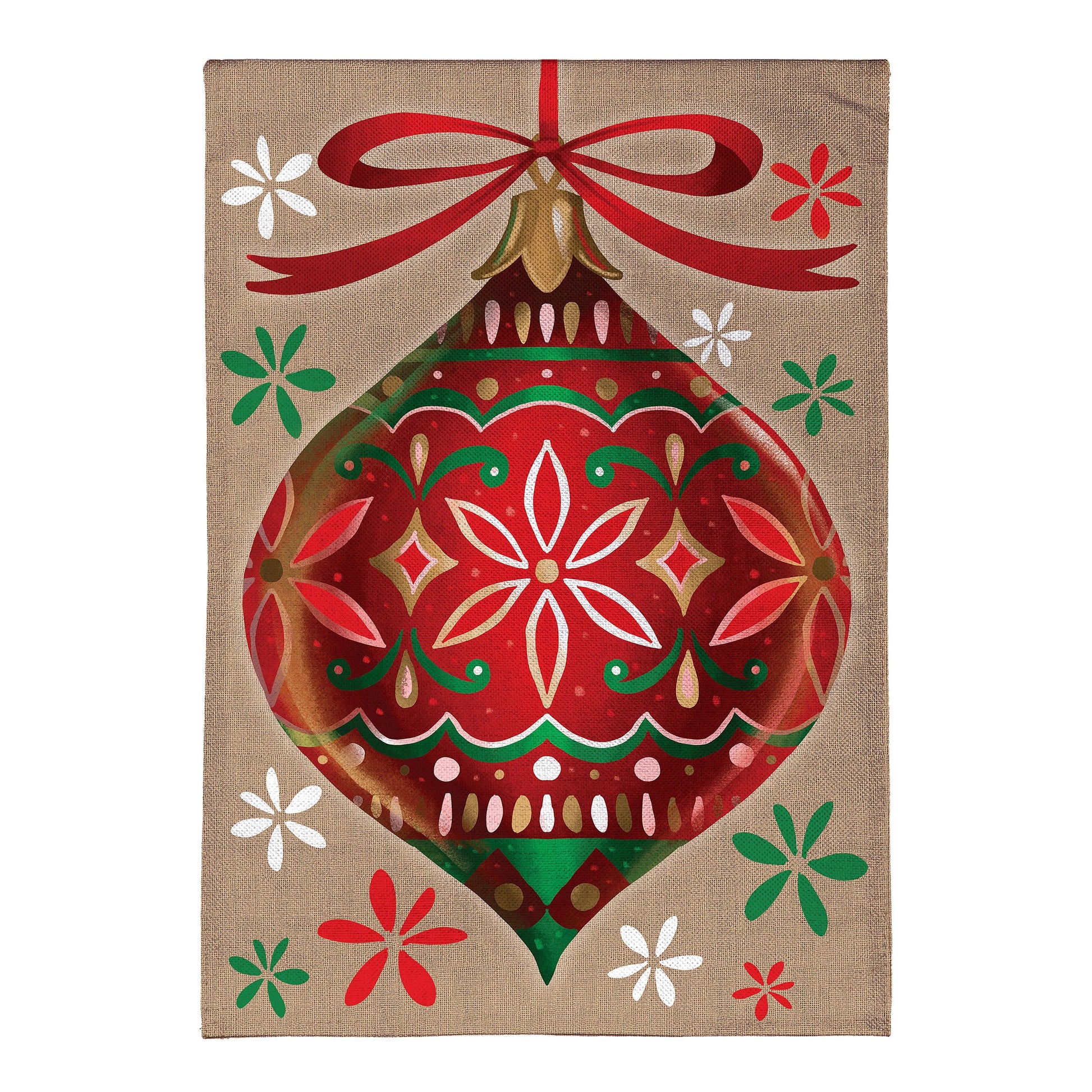 Vivid Christmas Ornament Burlap Garden Flag with red ornament and bow on burlap background on Tampa Home & Garden Store