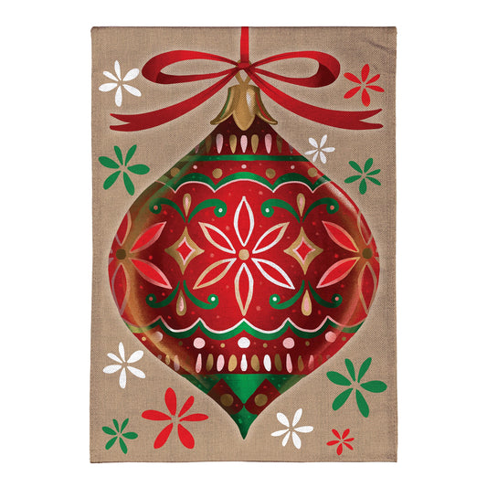 Vivid Christmas Ornament Burlap Garden Flag with red ornament and bow on burlap background on Tampa Home & Garden Store