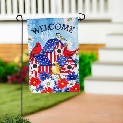 Patriotic Birdhouse Burlap Garden Flag blue welcome text on garden stake on Tampa Home & Garden Store