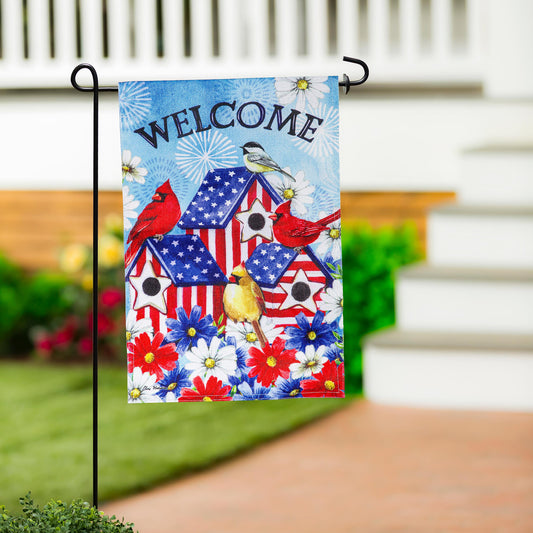 Patriotic Birdhouse Burlap Garden Flag blue welcome text on garden stake on Tampa Home & Garden Store