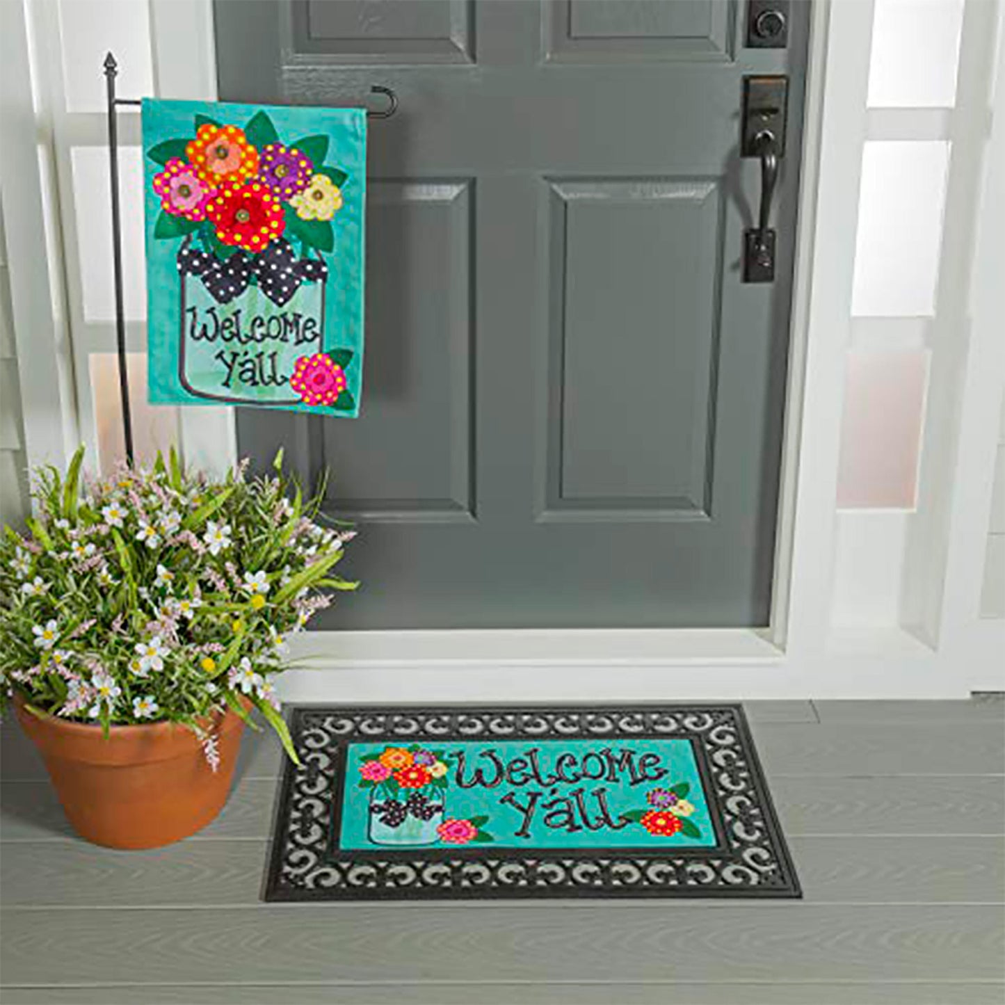 Ensemble drapeau de jardin en toile de jute et tapis en sassafras « Bienvenue à tous » (14B4181ECM+22001T+431272+43BM003)