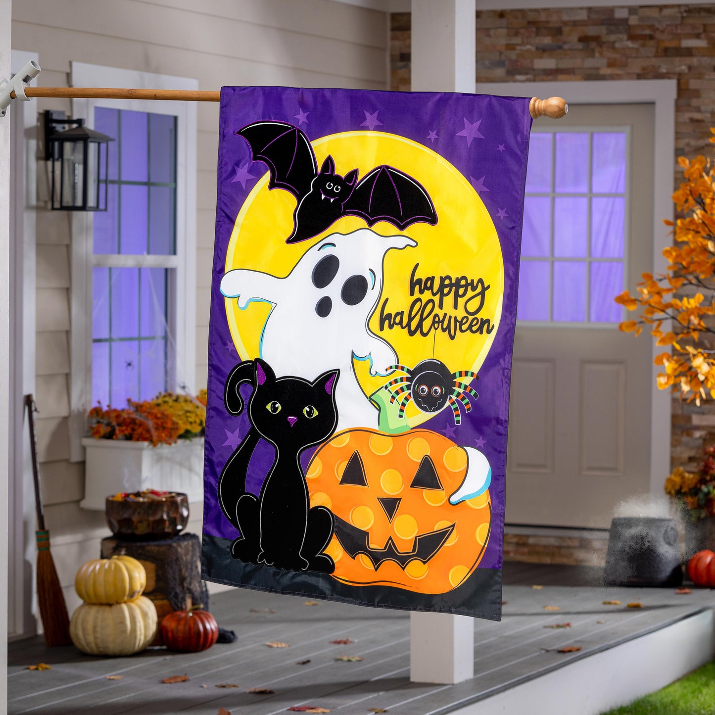 Halloween Friends Applique House Flag on purple background with yellow moon and playful bats on Tampa Home & Garden Store