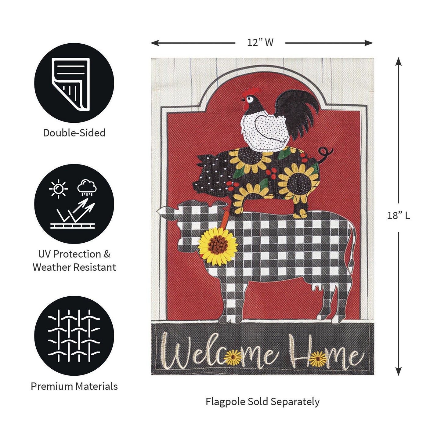 Farm Friends Burlap Garden Flag rooster with sunflowers on red checkered burlap double-sided on Tampa Home & Garden Store
