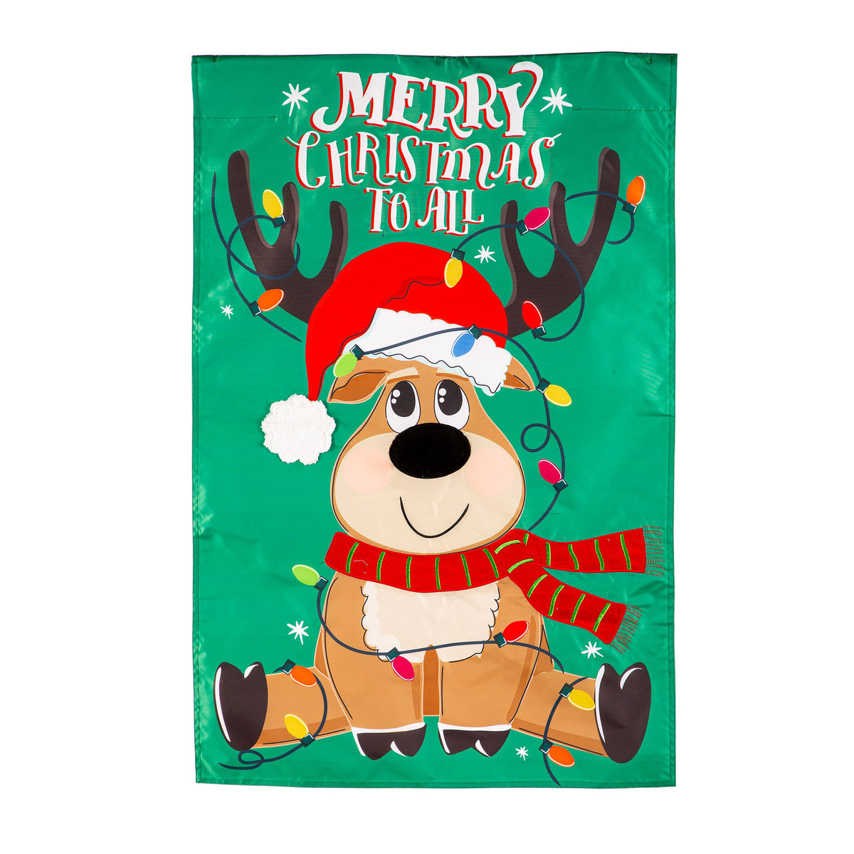 Merry Christmas to All Applique House Flag with green background, reindeer and lights on Tampa Home & Garden Store