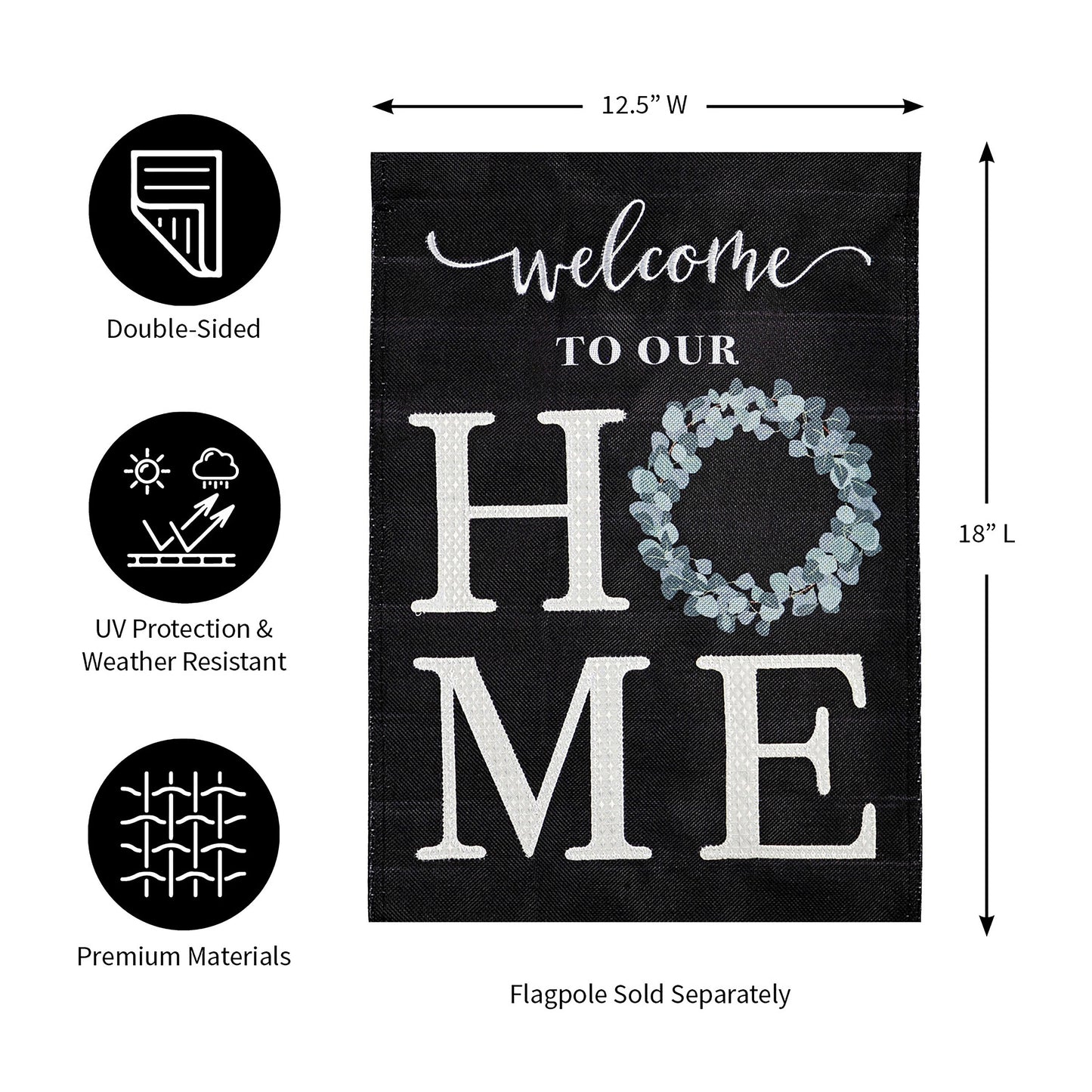 Eucalyptus Welcome Garden Burlap Flag, black burlap with white Welcome by Evergreen on Tampa Home & Garden Store