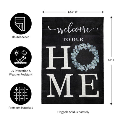 Eucalyptus Welcome Garden Burlap Flag, black burlap with white Welcome by Evergreen on Tampa Home & Garden Store