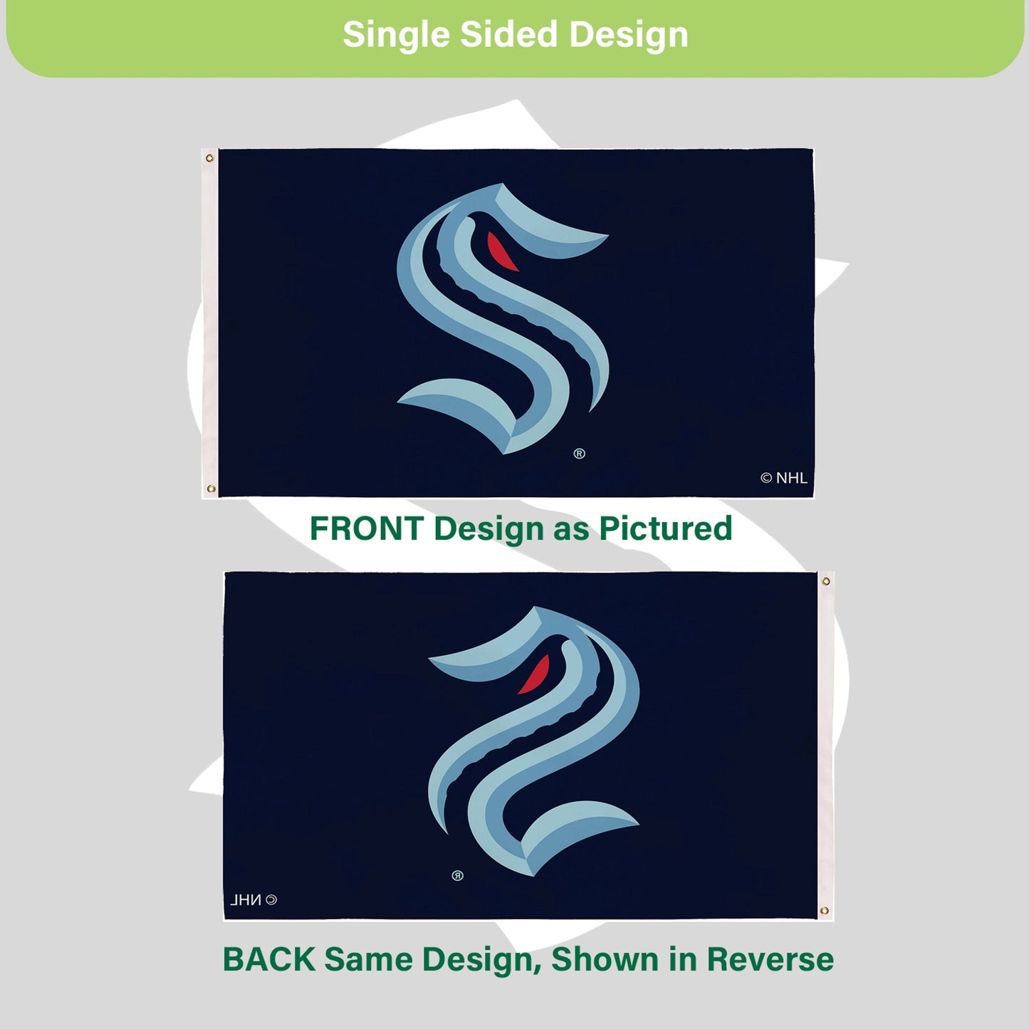 Seattle Kraken 3x5 sublimated flag with 2 grommets, navy background with Kraken logo on Tampa Home & Garden Store