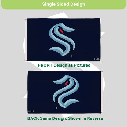 Seattle Kraken 3x5 sublimated flag with 2 grommets, navy background with Kraken logo on Tampa Home & Garden Store
