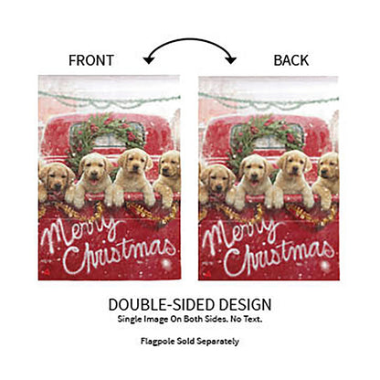 Red Truck with Puppies suede garden flag by Evergreen Enterprises Wholesale Collective on Tampa Home & Garden Store