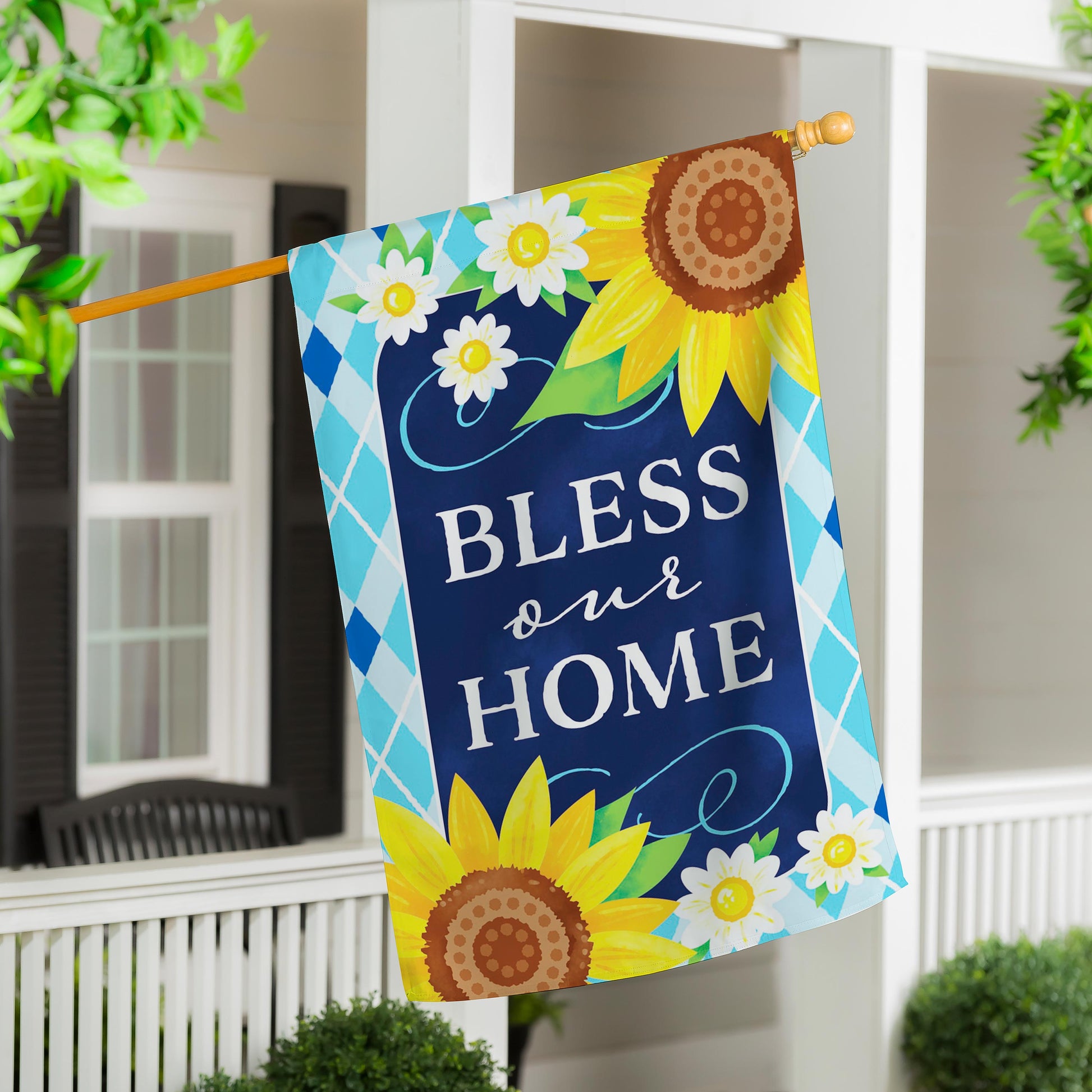 Bless Our Home Sunflowers Applique House Flag with bright sunflowers on blue background on Tampa Home & Garden Store