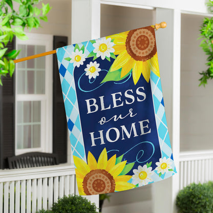 Bless Our Home Sunflowers Applique House Flag with bright sunflowers on blue background on Tampa Home & Garden Store