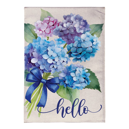 Hydrangea Bouquet Burlap Garden Flag with blue purple pink hydrangeas by Evergreen Enterprises on Tampa Home & Garden Store