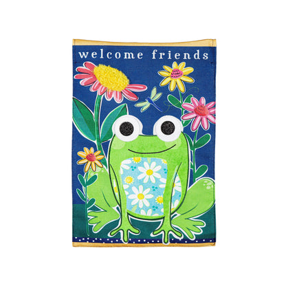 Burlap garden flag Welcome Friends Frog with a green frog and bright flowers on blue background on Tampa Home & Garden Store