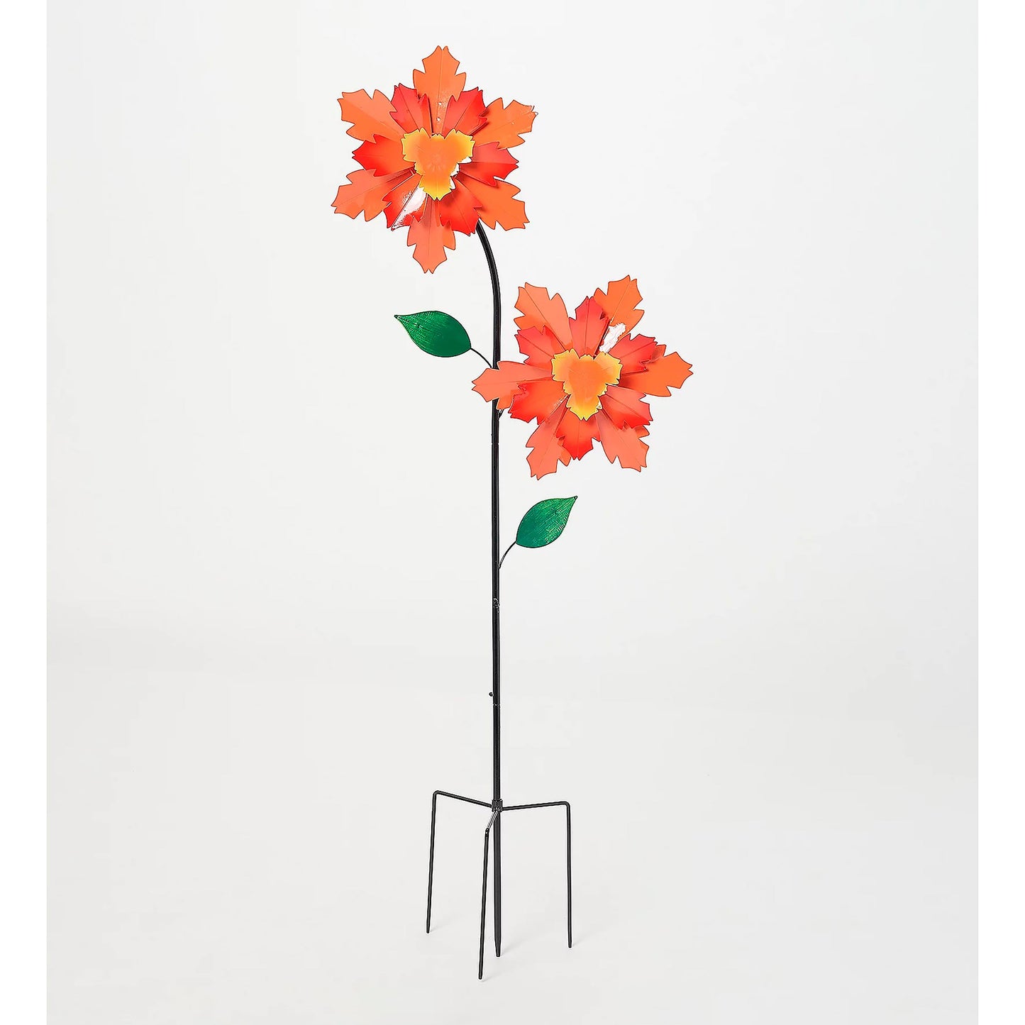 Double Flower Wind Spinner red-orange blooms with green leaves on a black stake on Tampa Home & Garden Store