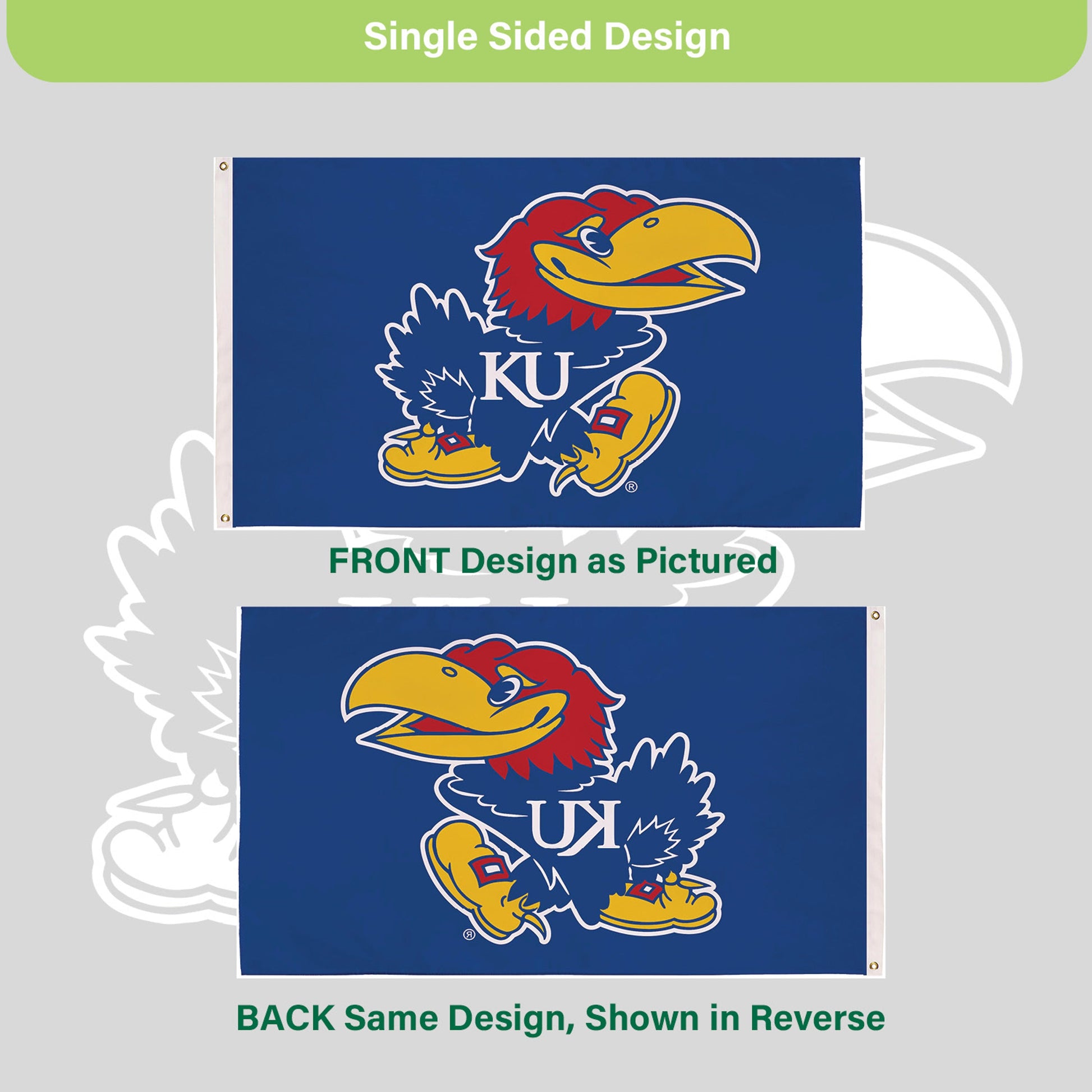 University of Kansas flag with KU mascot on blue field, 2 grommets by Evergreen Enterprises on Tampa Home & Garden Store