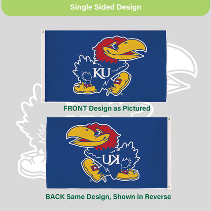 University of Kansas flag with KU mascot on blue field, 2 grommets by Evergreen Enterprises on Tampa Home & Garden Store