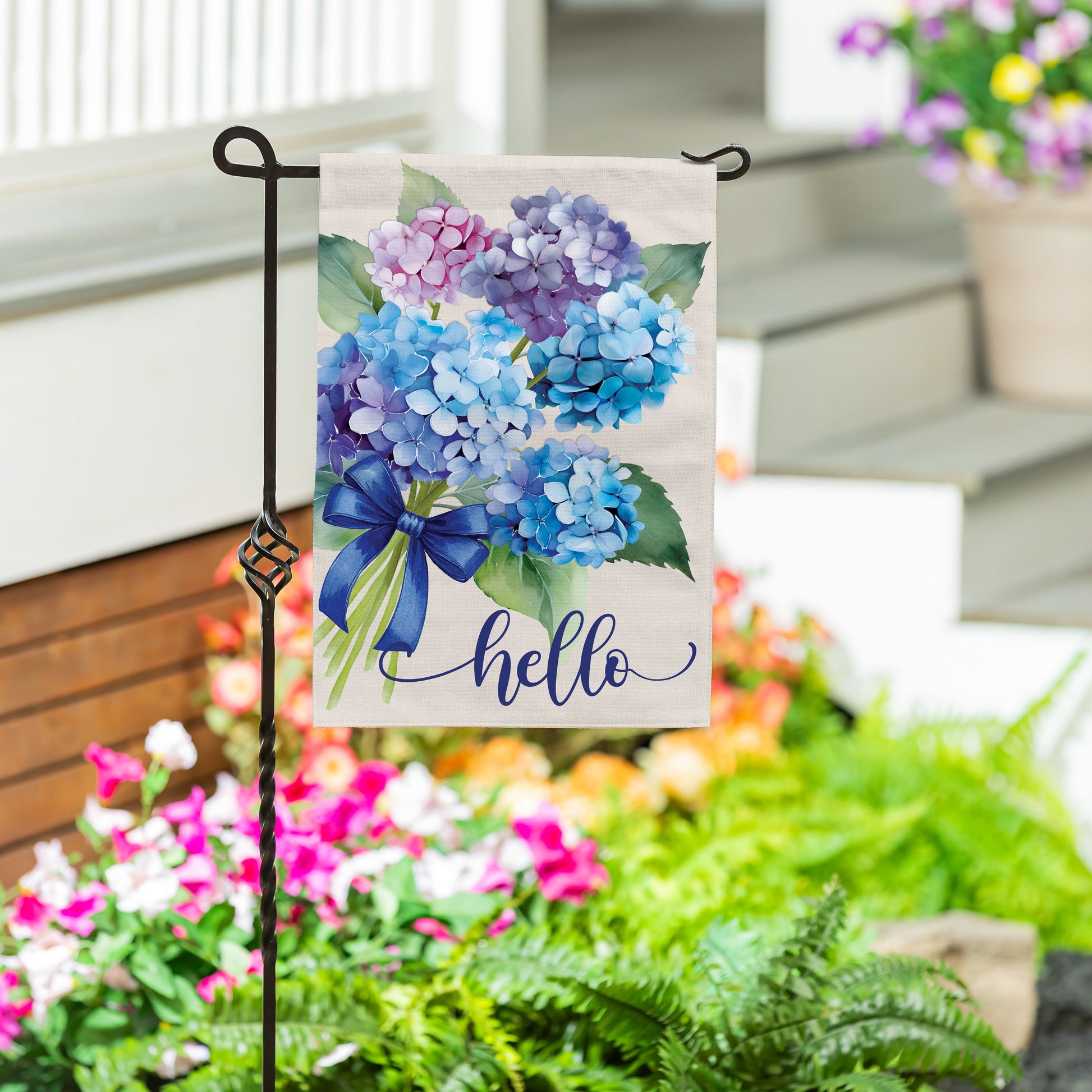 Hydrangea Bouquet Burlap Garden Flag blue purple pink clusters by Evergreen Enterprises on Tampa Home & Garden Store