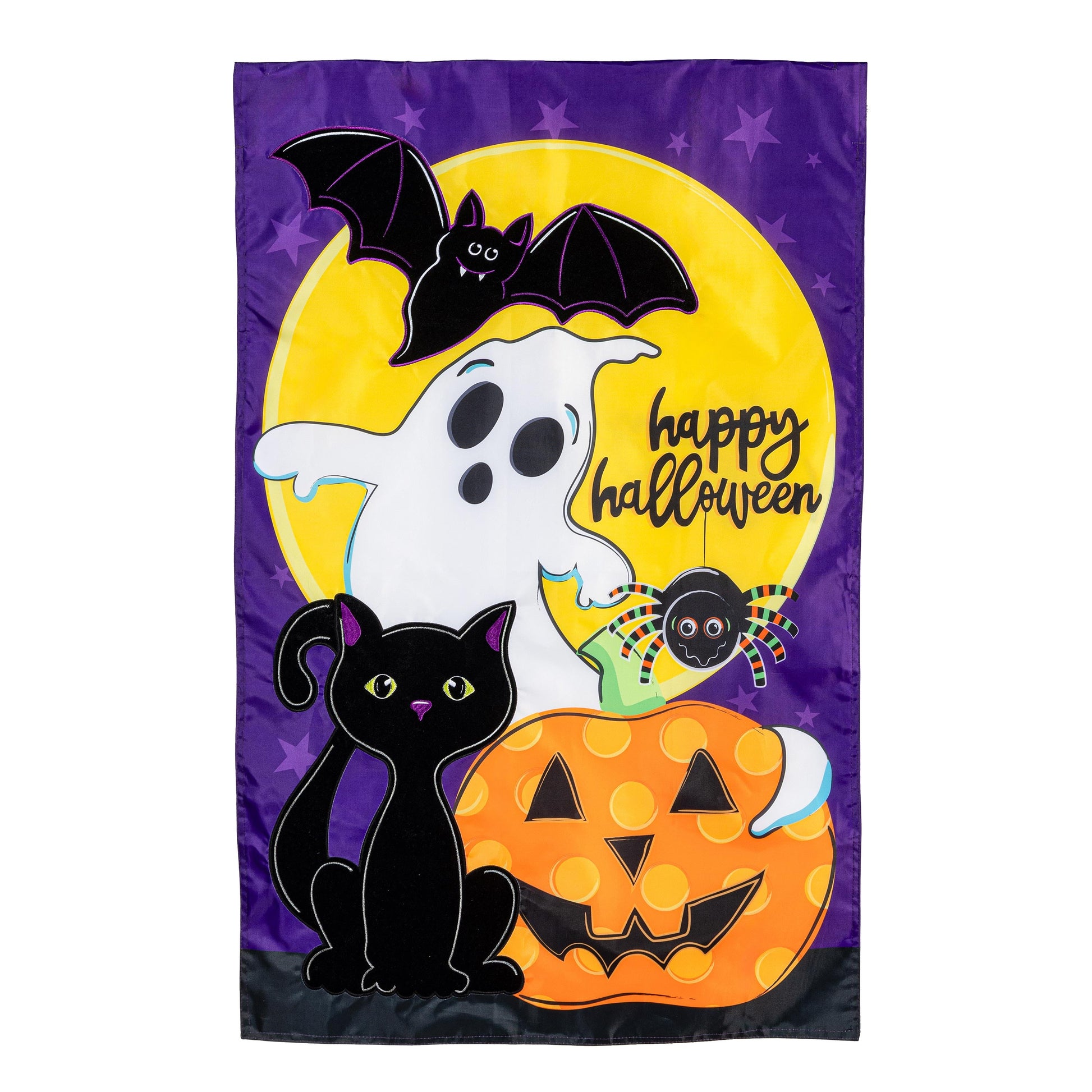 Halloween Friends Applique House Flag purple sky with yellow moon black cat and white ghost on Tampa Home & Garden Store