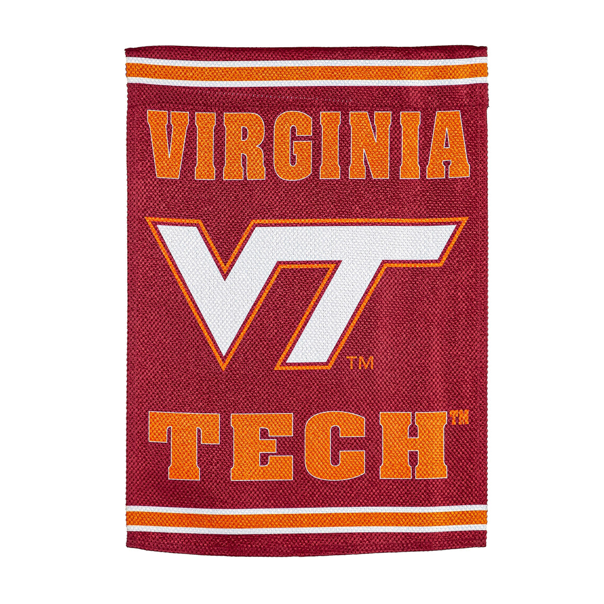 Virginia Tech embossed suede house flag with maroon background and orange VIRGINIA lettering on Tampa Home & Garden Store