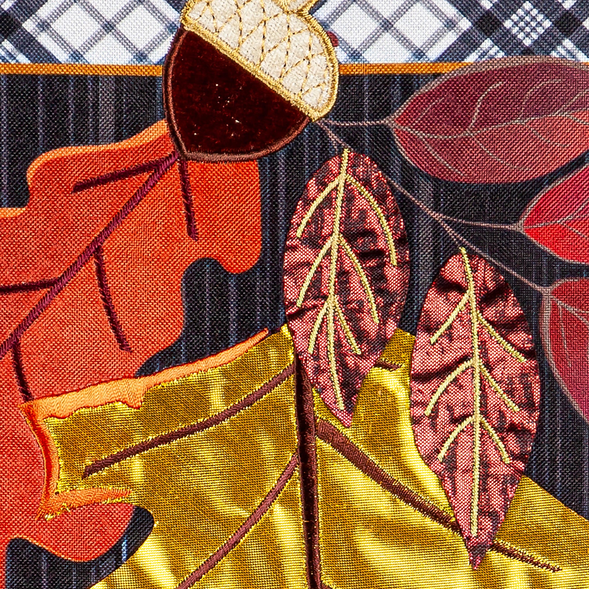 Garden Linen Flag Welcome Autumn Leaves with embroidered leaves on plaid fabric on Tampa Home & Garden Store