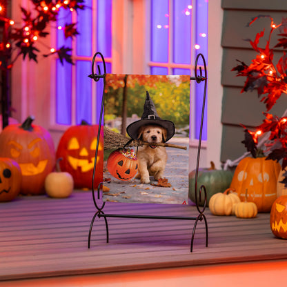 Goldens With Broom Suede Garden Flag shows dog in witch hat with broom on black stand on Tampa Home & Garden Store