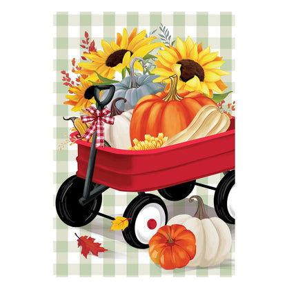 Wagon Filled Pumpkin Suede Garden Flag with pumpkins in a red wagon on green plaid backdrop on Tampa Home & Garden Store