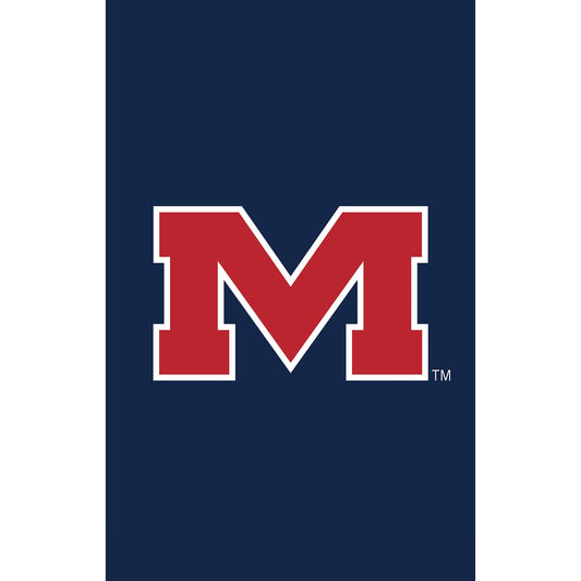 University of Mississippi applique garden flag featuring a bold red M on navy background on Tampa Home & Garden Store
