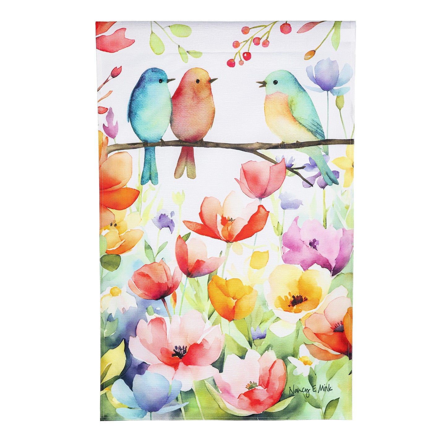 Bird Talk Burlap House Flag watercolor birds perched on a branch with floral backdrop on Tampa Home & Garden Store