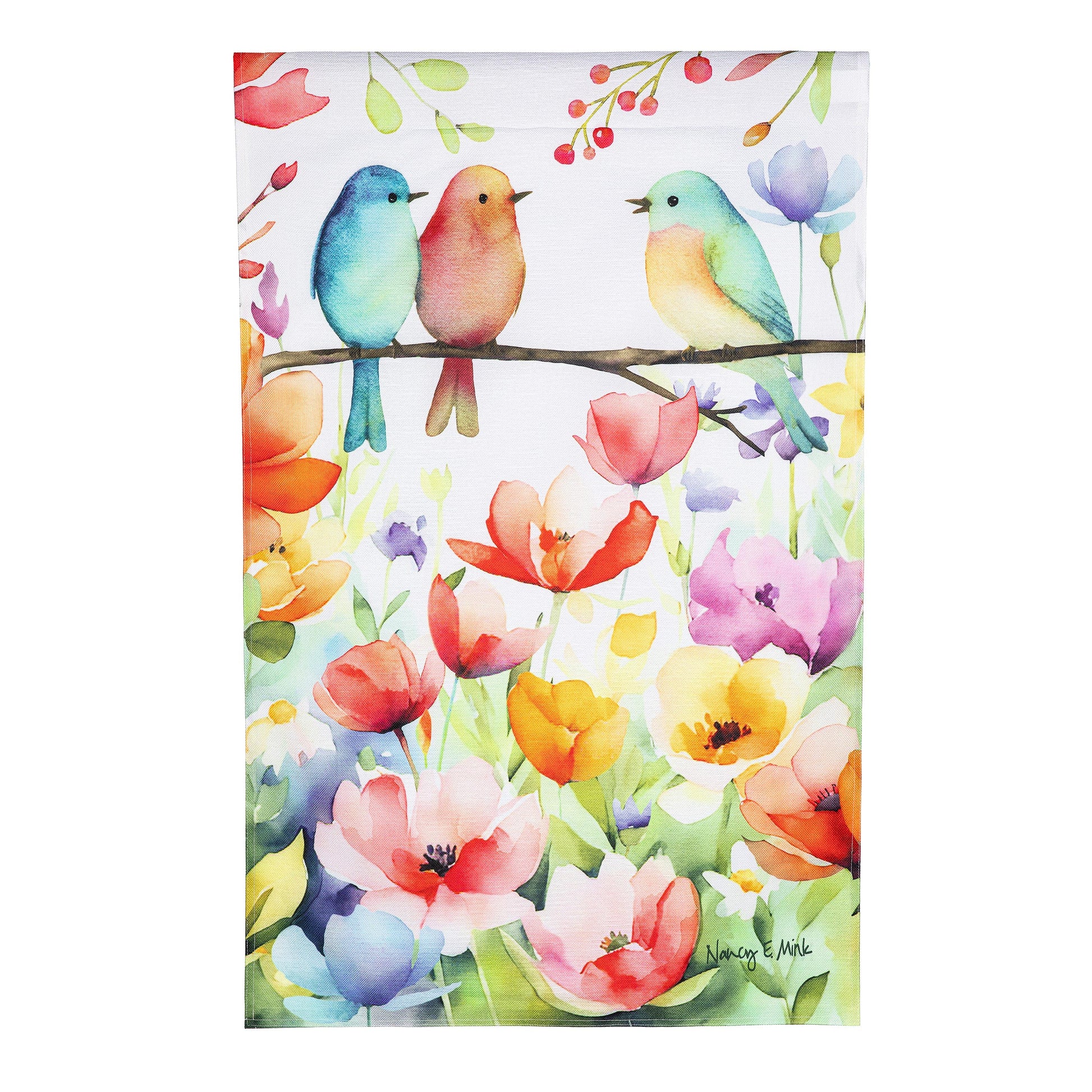 Bird Talk Burlap House Flag watercolor birds perched on a branch with floral backdrop on Tampa Home & Garden Store