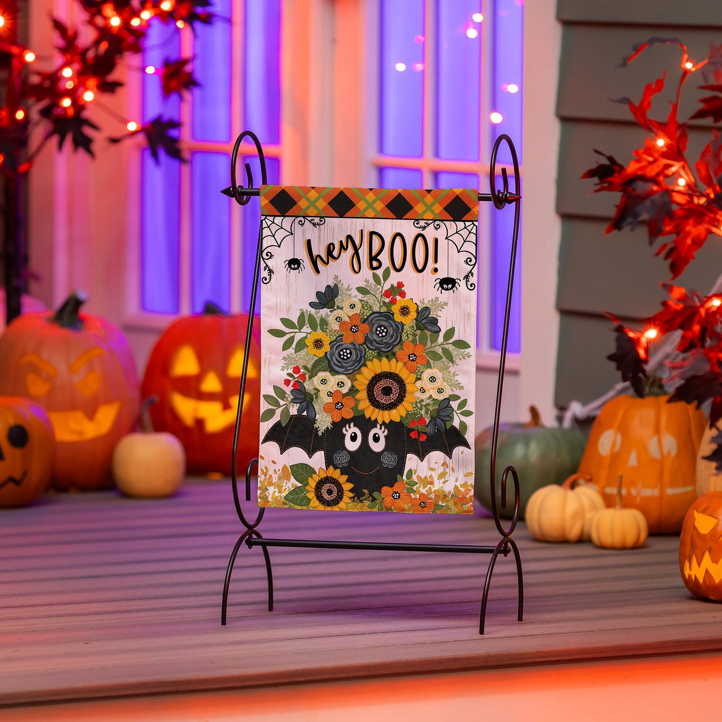Hey Boo Moire Garden Flag on a metal stand with Halloween motif and orange plaid border on Tampa Home & Garden Store