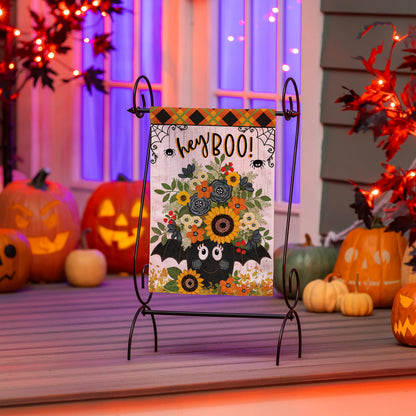 Hey Boo Moire Garden Flag on a metal stand with Halloween motif and orange plaid border on Tampa Home & Garden Store