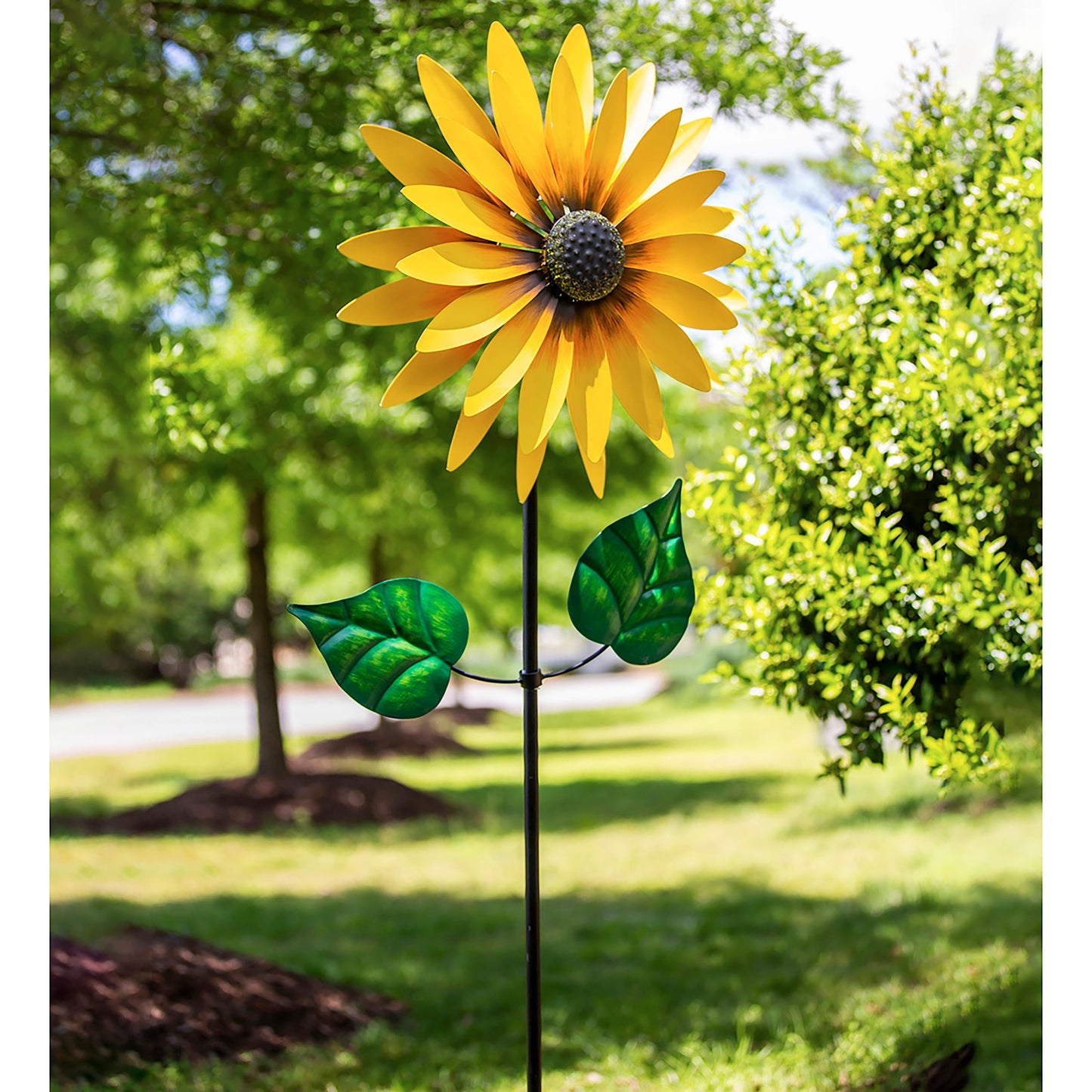 Hillside Pasture Wind Spinner sunflower, yellow petals, 75 in tall garden stake on Tampa Home & Garden Store