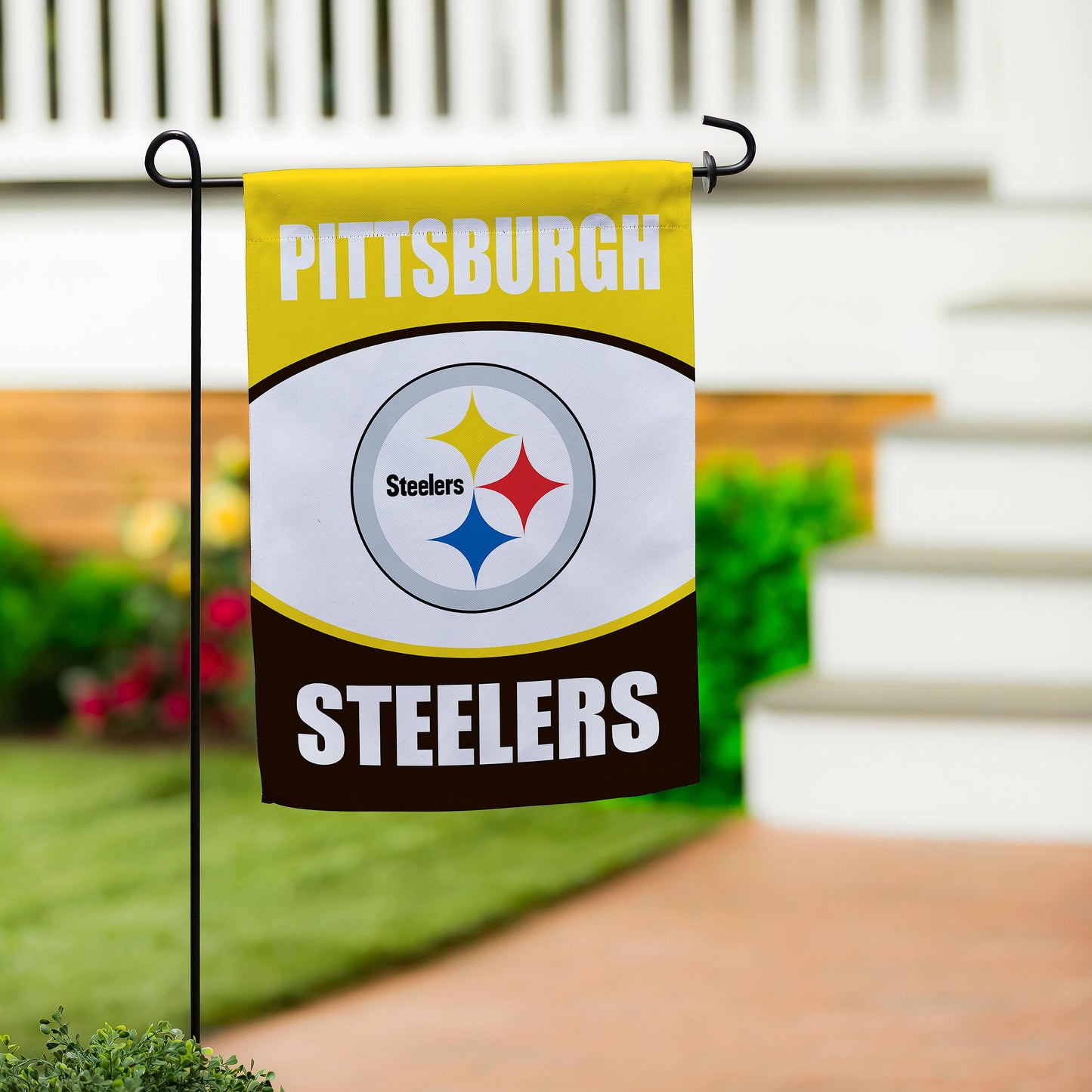 Pittsburgh Steelers suede garden flag with yellow backdrop and circular team logo for decor on Tampa Home & Garden Store