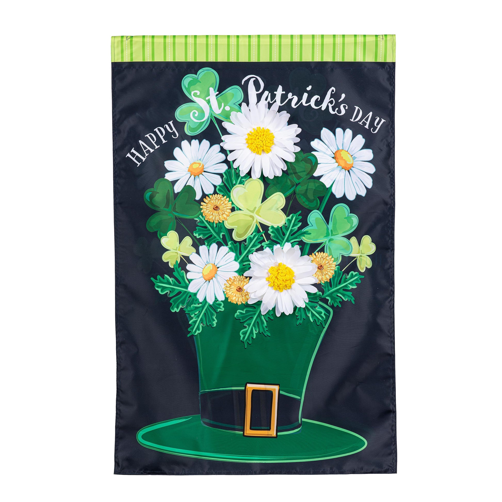 Happy St. Patrick's Day Floral Hat Applique House Flag with green striped header and bright daisies bouquet on Tampa Home & Garden Store