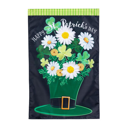Happy St. Patrick's Day Floral Hat Applique House Flag with green striped header and bright daisies bouquet on Tampa Home & Garden Store