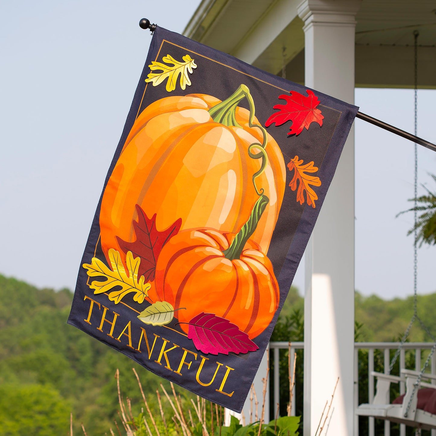 Autumn Pumpkins Estate Size Embellished Burlap Flag with large orange pumpkin and colorful leaves on Tampa Home & Garden Store
