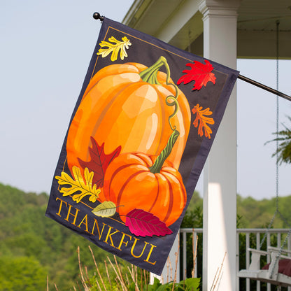 Autumn Pumpkins Estate Size Embellished Burlap Flag with large orange pumpkin and colorful leaves on Tampa Home & Garden Store
