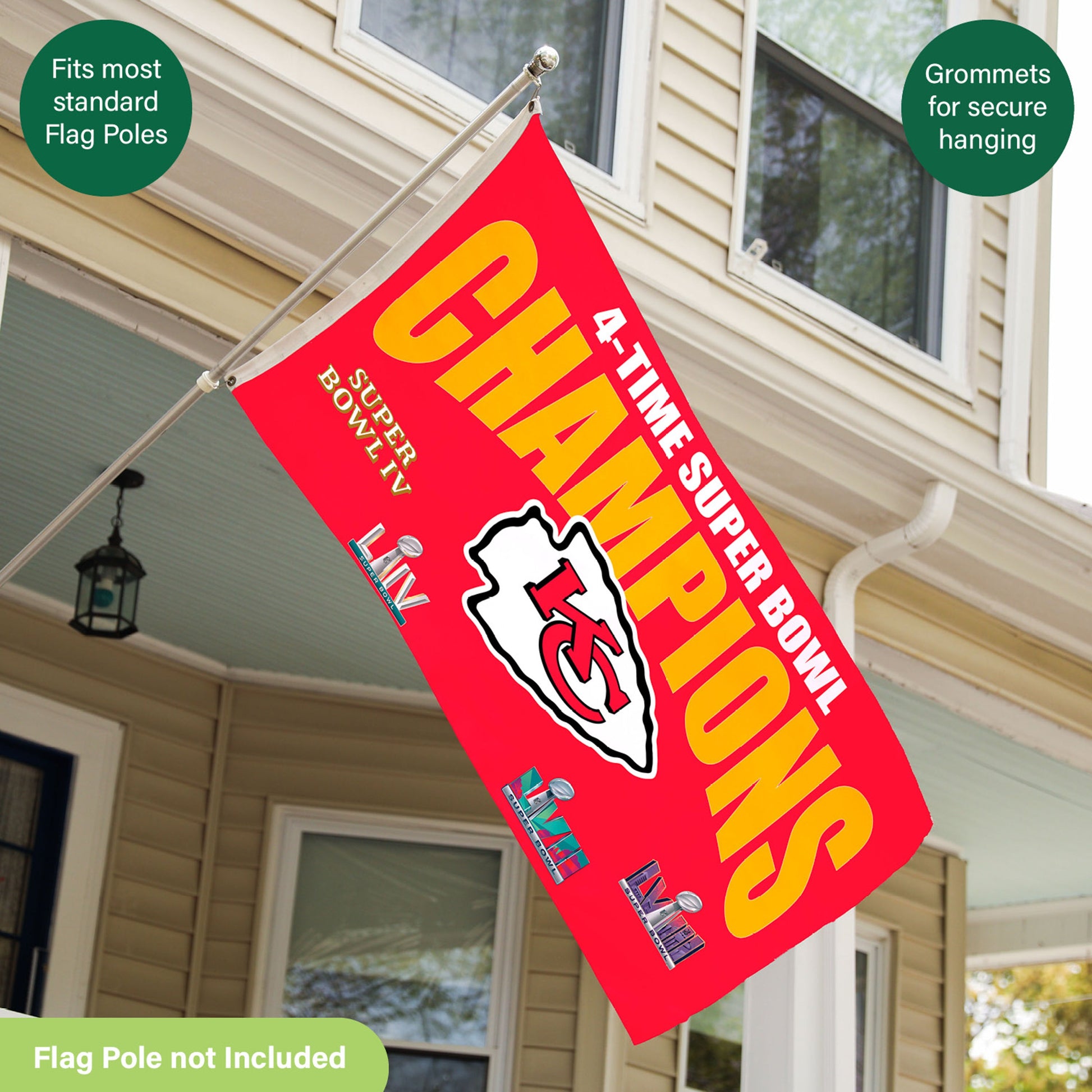 Sublimated Chiefs flag multi-win Superbowl Champions, red with yellow text on a metal flagpole on Tampa Home & Garden Store