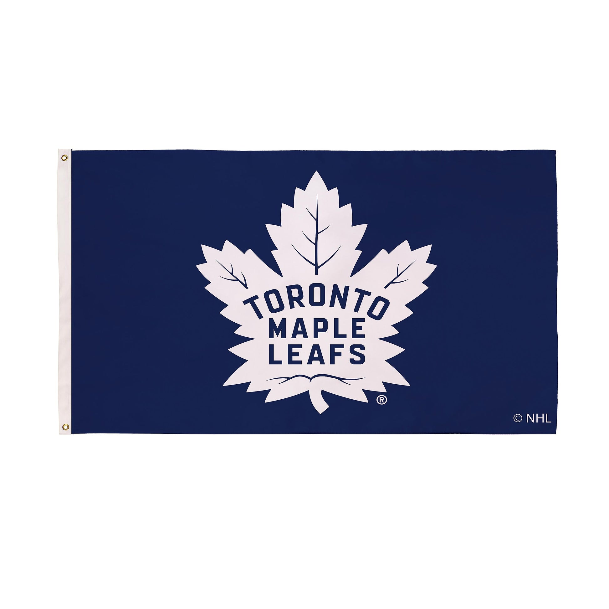 Toronto Maple Leafs sublimated flag 3x5, blue with white maple leaf, 2 grommets on white hoist on Tampa Home & Garden Store
