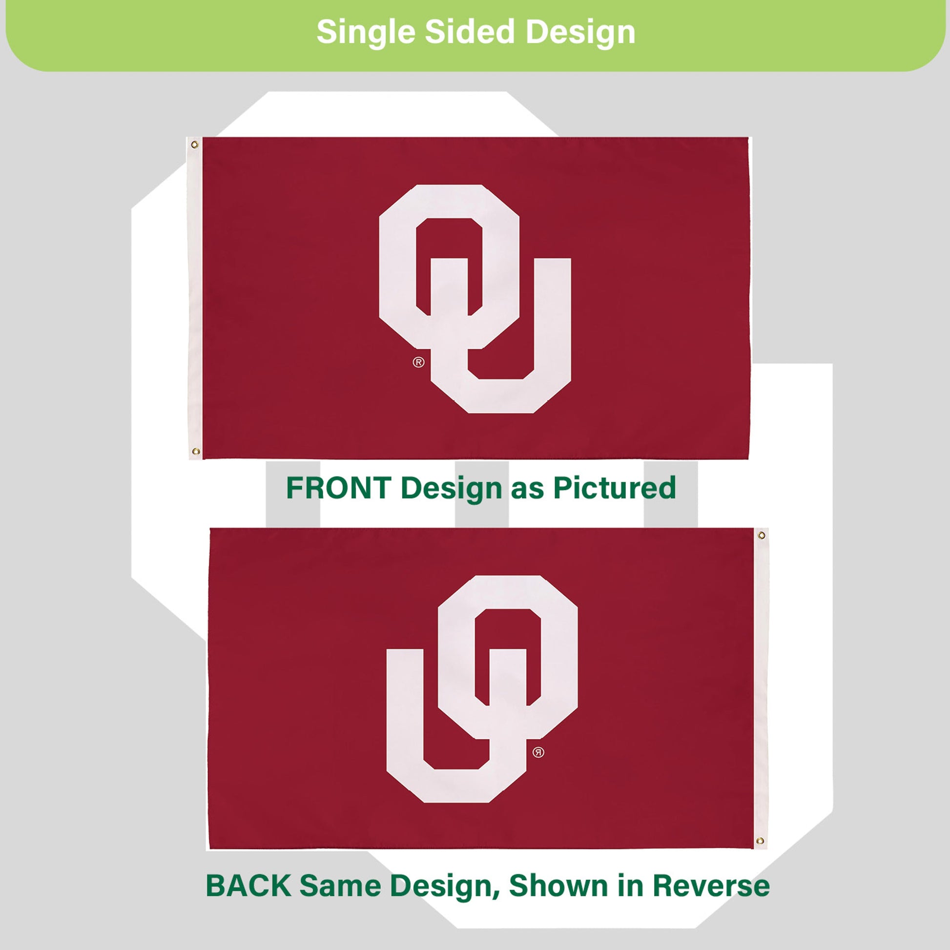 University of Oklahoma estate flag 3x5, single-sided crimson with white OU logo, 2 grommets on Tampa Home & Garden Store