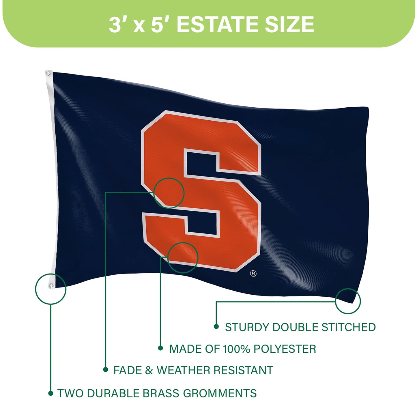 3'x5' Syracuse Univ estate flag navy with orange S, two brass grommets Evergreen Enterprises on Tampa Home & Garden Store