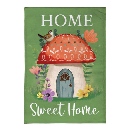 Home Sweet Mushroom Home burlap garden flag with a mushroom house and flowers on Tampa Home & Garden Store