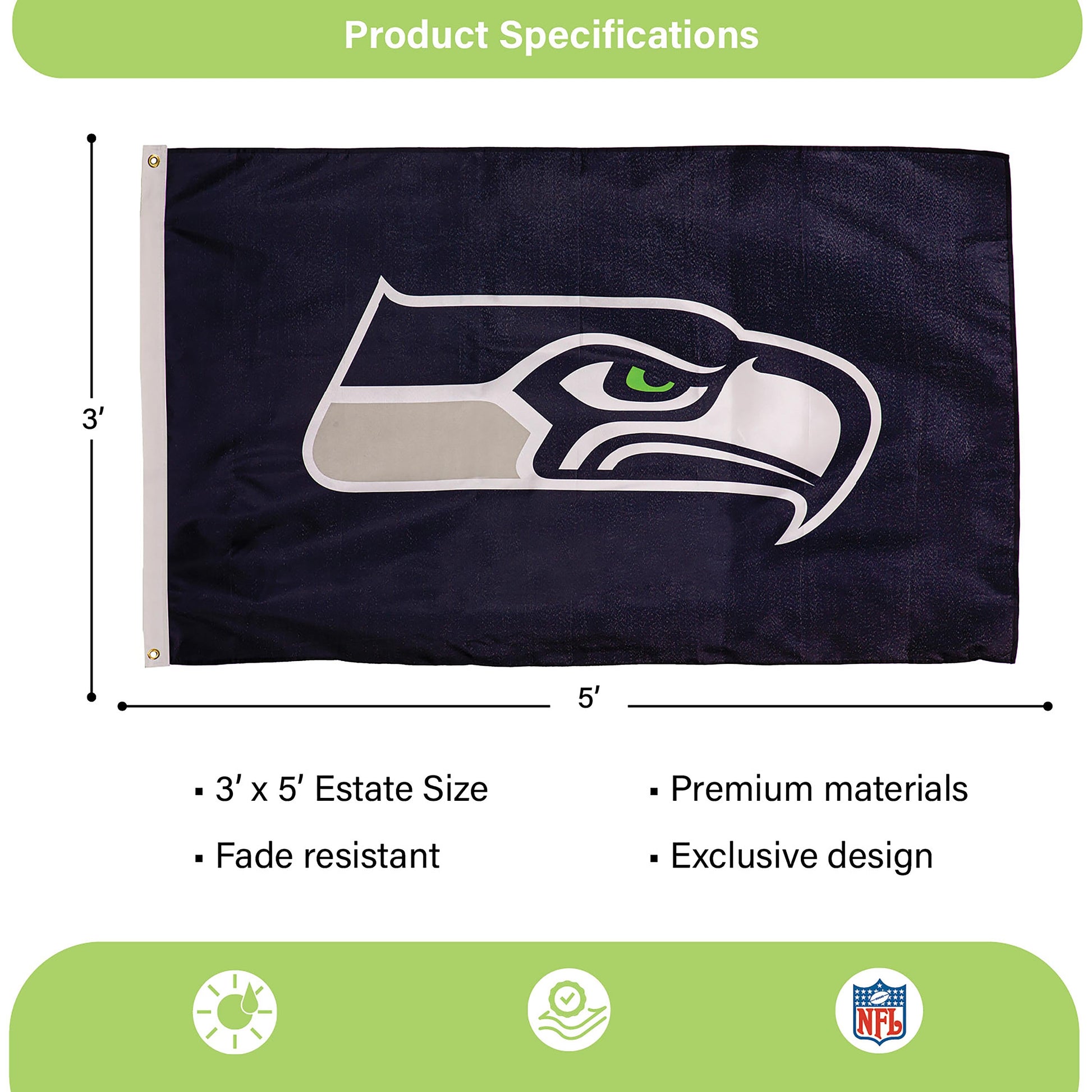 Seattle Seahawks single-sided estate flag 3x5 navy with logo, 2 grommets on Tampa Home & Garden Store