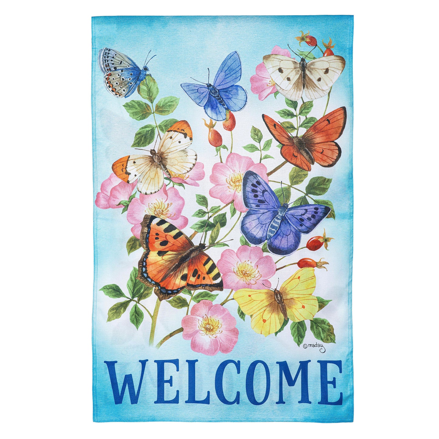 Butterfly's Fly Together Burlap House Flag Evergreen Enterprises butterflies pink WELCOME on Tampa Home & Garden Store