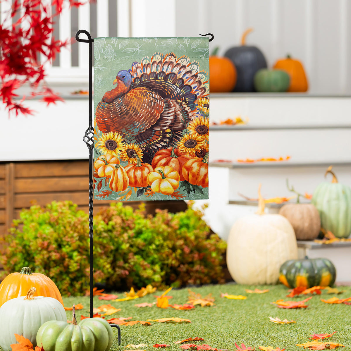 Grateful Gatherings Turkey Suede Garden Flag with turkey and sunflowers on green on Tampa Home & Garden Store