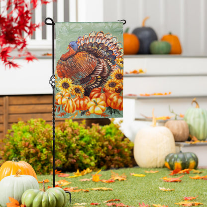 Grateful Gatherings Turkey Suede Garden Flag with turkey and sunflowers on green on Tampa Home & Garden Store