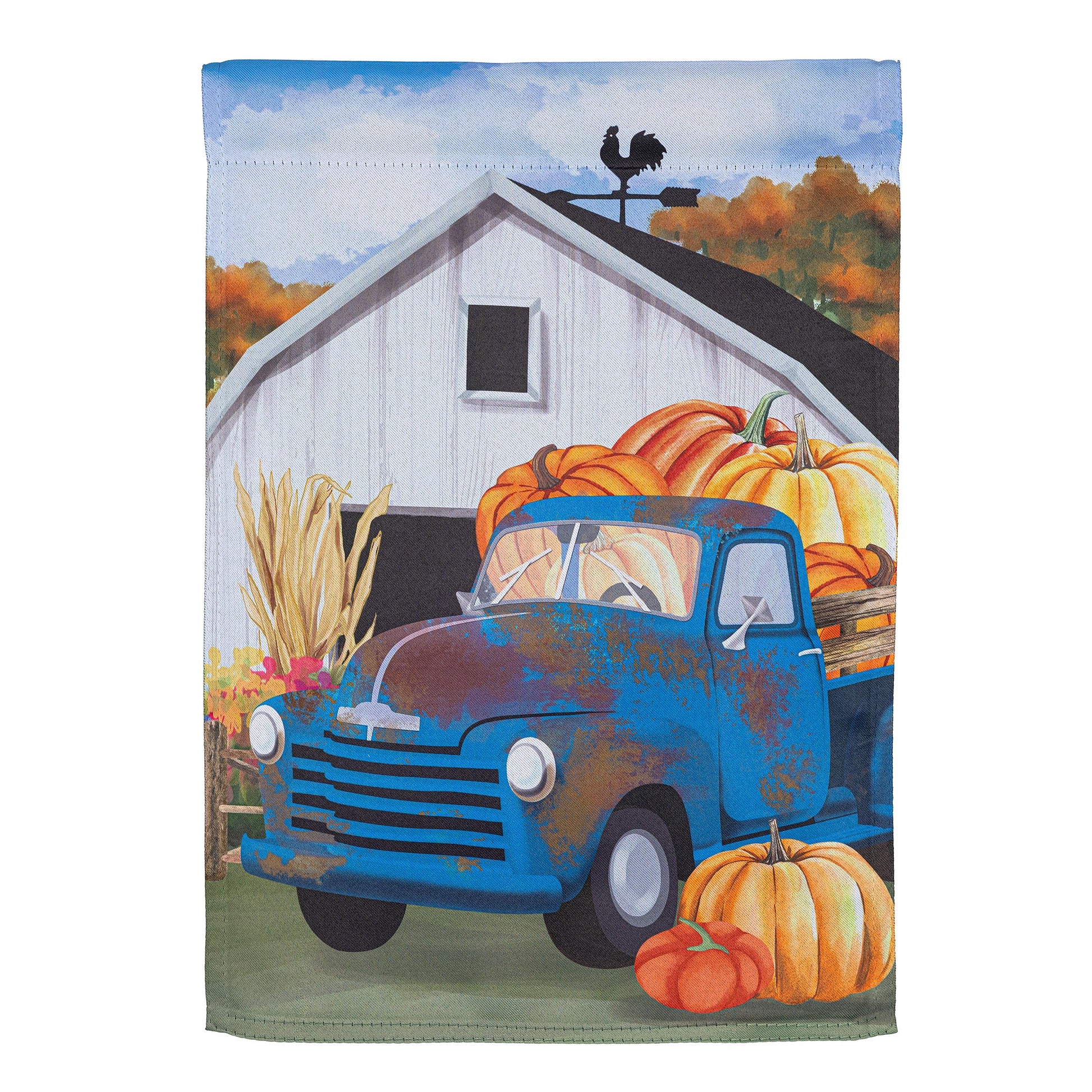 Barns & Harvest Suede Garden Flag by Evergreen Enterprises, autumn blue truck with pumpkins on Tampa Home & Garden Store