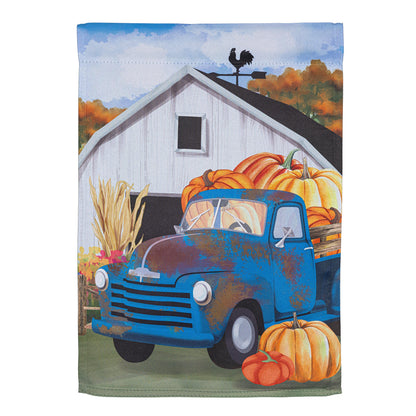 Barns & Harvest Suede Garden Flag by Evergreen Enterprises, autumn blue truck with pumpkins on Tampa Home & Garden Store
